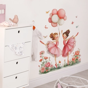 Watercolor ballet girl wall decals with pink balloons and floral decor for kids room
