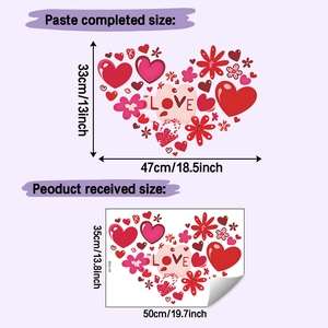 Detail showing red floral heart wall stickers with Love text and layout dimensions