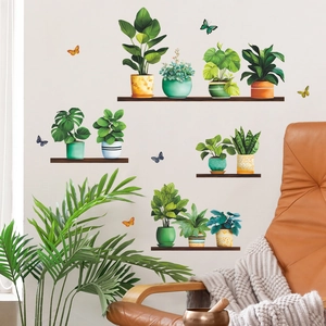 Self-adhesive green potted plant and butterfly wall stickers for modern home wall decor