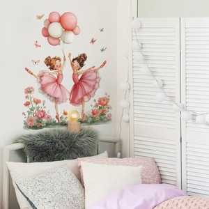 Watercolor ballerina wall decal with floral and butterfly accents for bedroom decoration
