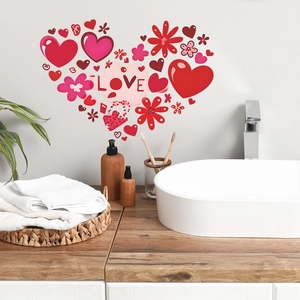 Red flower and heart wall decals forming a large heart shape in a modern bathroom setup