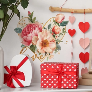 Romantic Love heart wall sticker with gold glitter floral design for home decoration