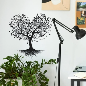 Minimalist tree branch wall decal with heart-shaped leaves for modern office home decor