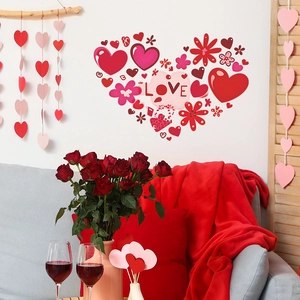 Romantic heart-shaped floral wall stickers for bedroom decor with red love pattern