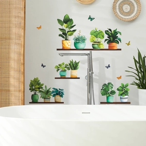 Self-adhesive wall decals featuring green potted plants and butterflies for home decor