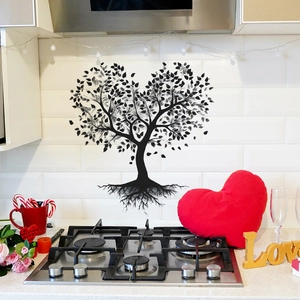 Romantic black heart tree wall sticker on white kitchen tile wall background