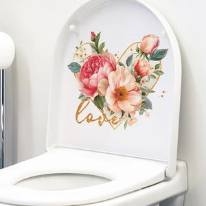 Romantic love heart and pink peony floral self-adhesive wall sticker on white toilet lid