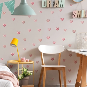 Pink heart 3D wall stickers for bedroom decor with gradient effect and dreamy atmosphere