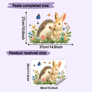 Detailed size chart for cartoon rabbit and hedgehog wall decals with dimensions in cm and inches