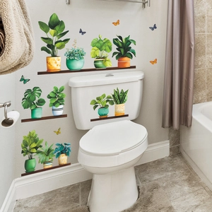 Self-adhesive green potted plant wall stickers featuring monstera and butterflies for home decor