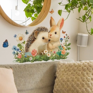 Cartoon rabbit and hedgehog wall stickers with colorful butterflies and garden flowers