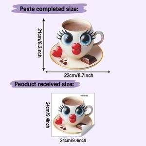 Detail showing cartoon coffee cup wall sticker layout and raw sheet dimensions 24x24cm