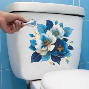 Elegant blue floral PVC self-adhesive wall stickers for home decor and toilet decoration