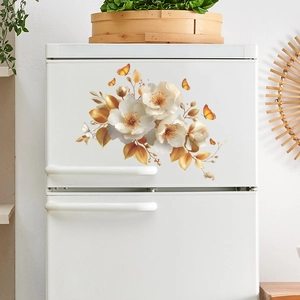 Adesivo murale con eleganti fiori bianchi, foglie dorate e farfalle per decorazione casa