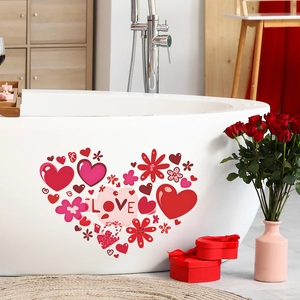 Romantic heart love wall decals with red flowers and LOVE lettering for home decor