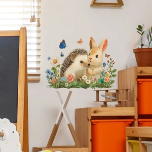 Cartoon rabbit and hedgehog wall stickers with colorful butterflies and flowers