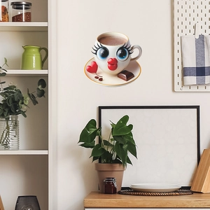Cartoon coffee cup wall sticker with big eyes and red heart on a white home wall