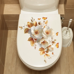 Adesivi eleganti per coperchio WC con pioni bianche, foglie dorate e farfalle arancioni