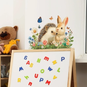 Cute watercolor animal wall decals with rabbit, hedgehog and flowers for kids bedroom