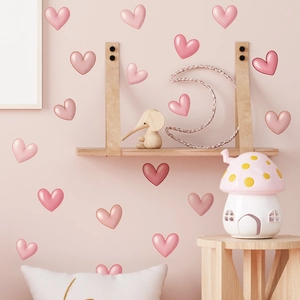 Pink heart-shaped wall stickers set for bedroom decoration with 3D matte finish effects