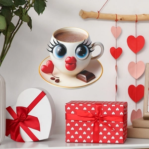 Creative coffee cup with 3D big eyes and red lips design on a matching saucer