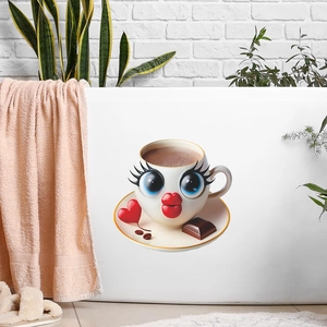 3D cartoon coffee cup wall sticker with hearts and beans on a white bathtub surface