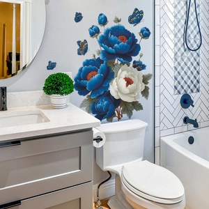 Blue and white floral wall stickers with butterflies for bathroom and living room decor