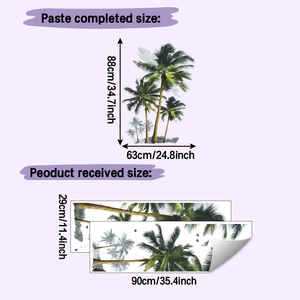 Detailed size chart showing tropical coconut tree wall sticker layout and applied dimensions