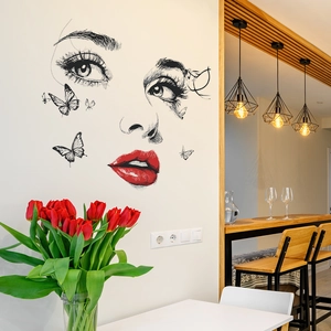 Minimalist wall sticker featuring hand-drawn female profile with red lips and butterflies