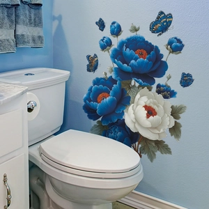 Blue and white floral wall stickers with butterflies for home living room decor