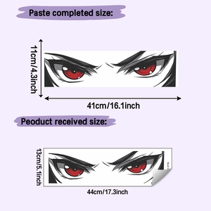 Detailed size specification for red eye anime car sticker with layout dimensions
