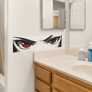 Anime style car sticker featuring sharp red eyes on a modern bathroom wall surface