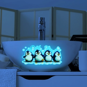 Luminous blue cartoon penguin wall stickers for bathroom and bedroom home decoration