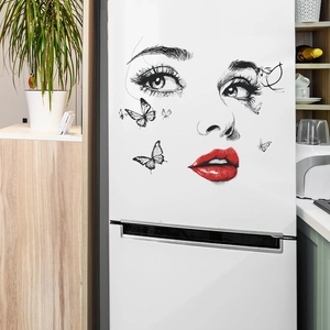 Artistic face and red lips wall sticker with butterflies for home kitchen decor