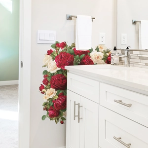 Romantic red and white floral wall decal with roses in a modern bathroom setting
