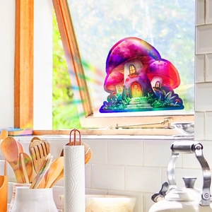 Holografische paddenstoelhuis raamsticker zorgt voor kleurrijke regenboogeffecten in huis
