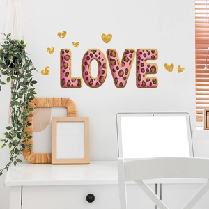 Valentine's Day Pink Leopard Print LOVE Heart Wall Sticker PVC Glitter Decorative Decal For Bedroom Living Room Home Decor