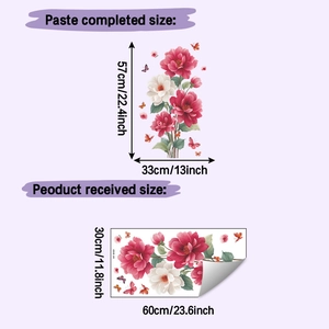 Detailed size specification for floral wall sticker showing layout and finished dimensions