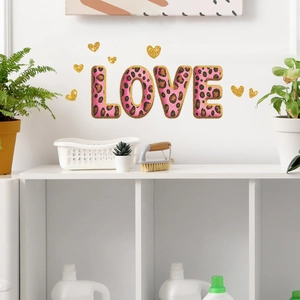 Pink leopard print LOVE wall sticker with golden glitter hearts for bedroom decor