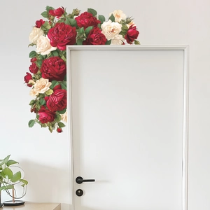 Romantic red and white rose flower door corner wall sticker for home decoration