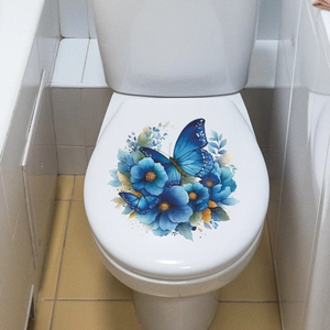 Watercolor blue floral and butterfly self-adhesive wall decals for bathroom toilet decor