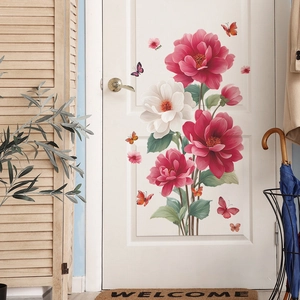 Self-adhesive floral wall stickers with red peonies and butterflies for bedroom decor
