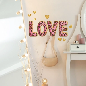 Pink leopard print LOVE wall stickers with gold glitter hearts for home bedroom decor