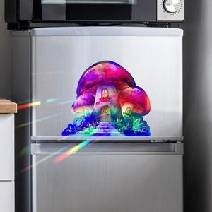 Regenboog laser paddenstoelenhuis muursticker op zilveren koelkast decor
