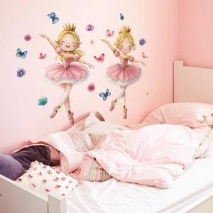 Cartoon dancing princess wall decals with pink flowers and butterflies for girls' bedroom