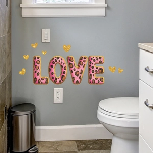 Pink leopard print LOVE wall stickers with gold glitter hearts for home decor