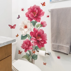 Modern Romantic Peony Flower And Colorful Butterfly Wall Stickers PVC Self Adhesive Decorative Decals For Bedroom Living Room