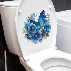 Self-adhesive wall sticker featuring watercolor blue flowers and butterflies for toilet decor