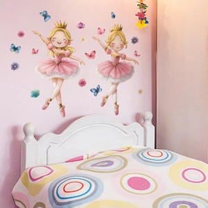 Dancing princess wall stickers with flowers and butterflies for girls' bedroom decor