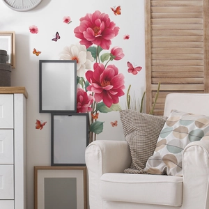 Peony flower and butterfly wall decal for living room home decor self-adhesive sticker
